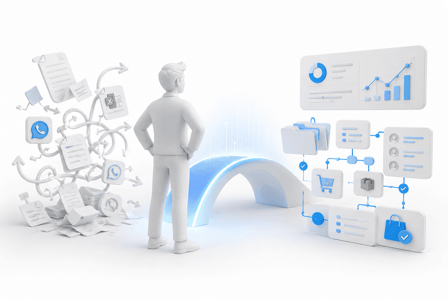 A founder beside a connected workflow diagram showing how a brand gets found and turns sales into a system