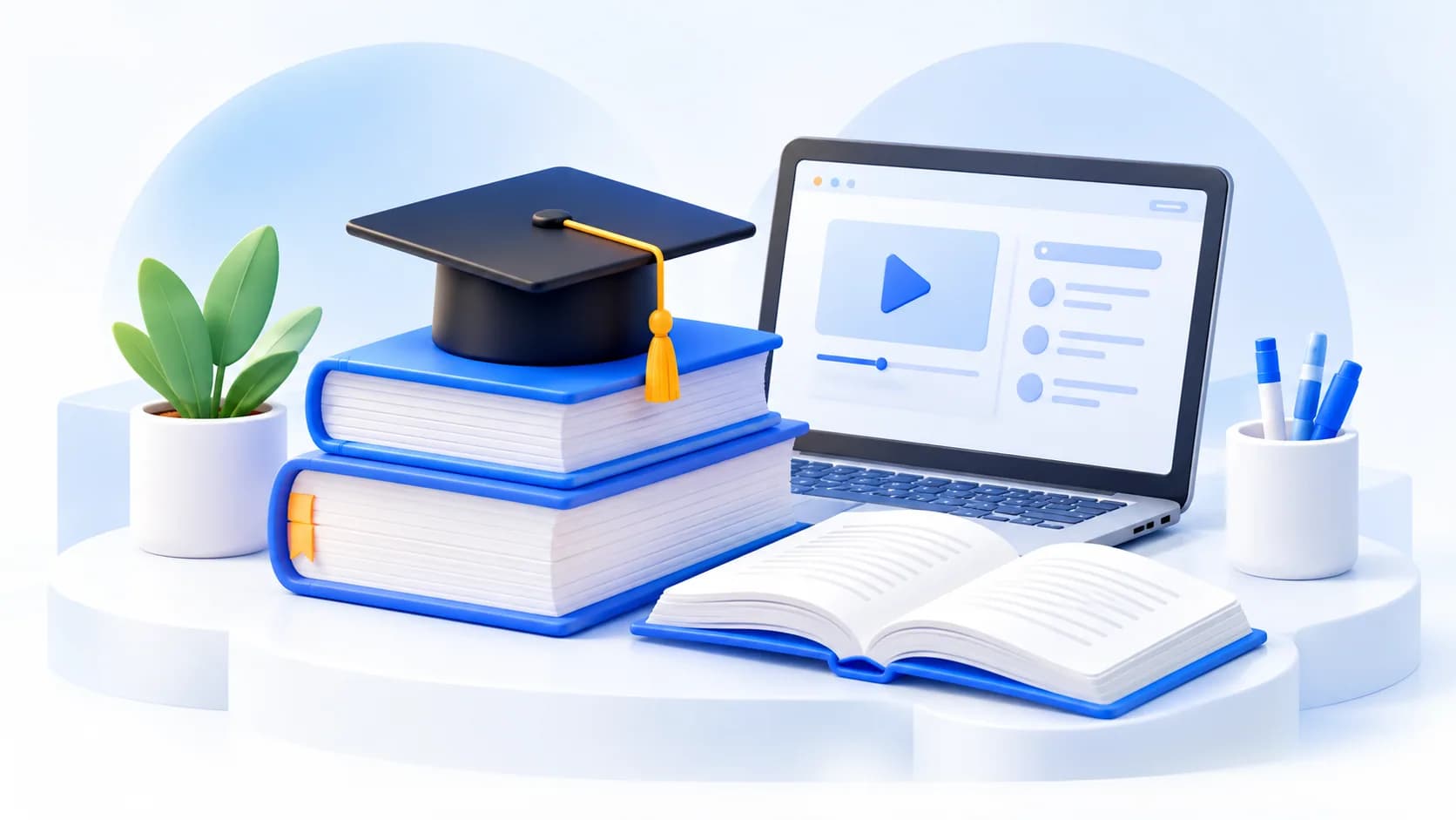 Education illustration — books, graduation, and laptop